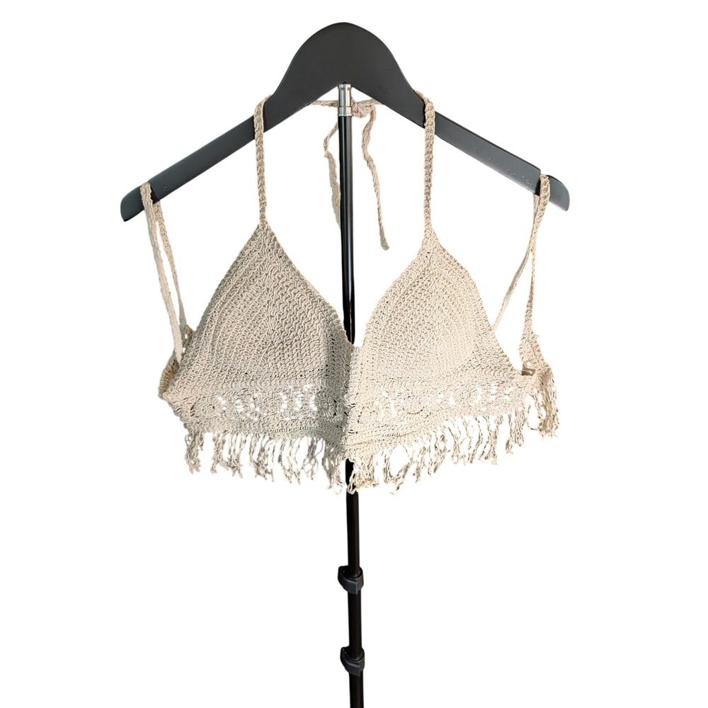 Crocheted Fringe Halter Bralette Cream Boho Festival Top Fits 34–38